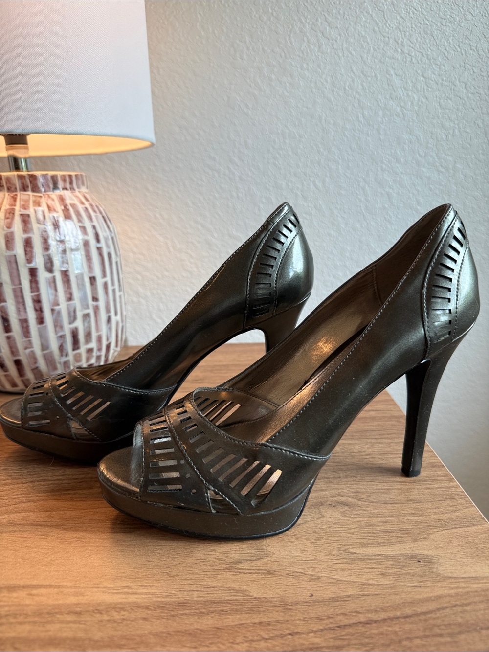 Alfani Metallic Pewter Peep-Toe Heels